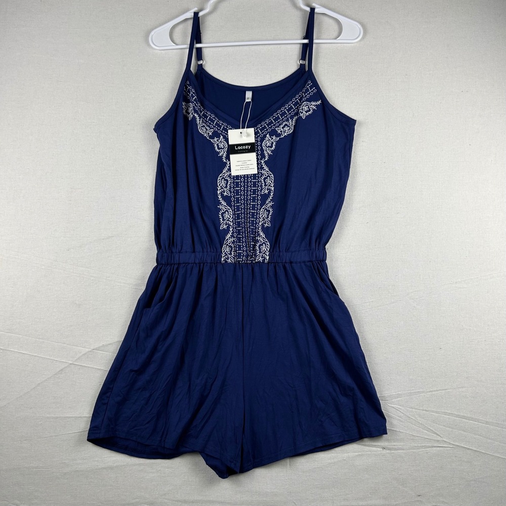 Lacozy Womens Navy Blue Embroidered Sleeveless Romper Small NWT